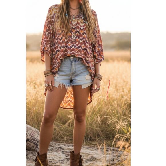 Vtg Cato Orange Purple Geometric V-Neck Long Tail Hilo Top Womens Plus Sz 18/20W - Picture 1 of 11